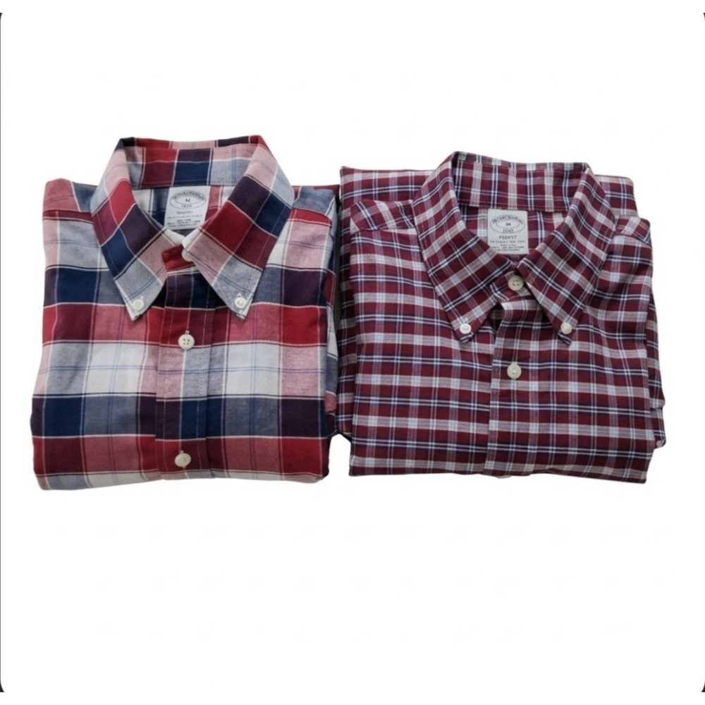 Brooks Brothers 1818 M Non Iron Cotton Plaid Shirt Lot 2 Denim Elbow Patch